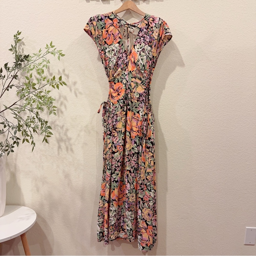 Astr Floral Cutout Midi Dress - Black, Yellow, Pink, Green - Picture 2 of 9